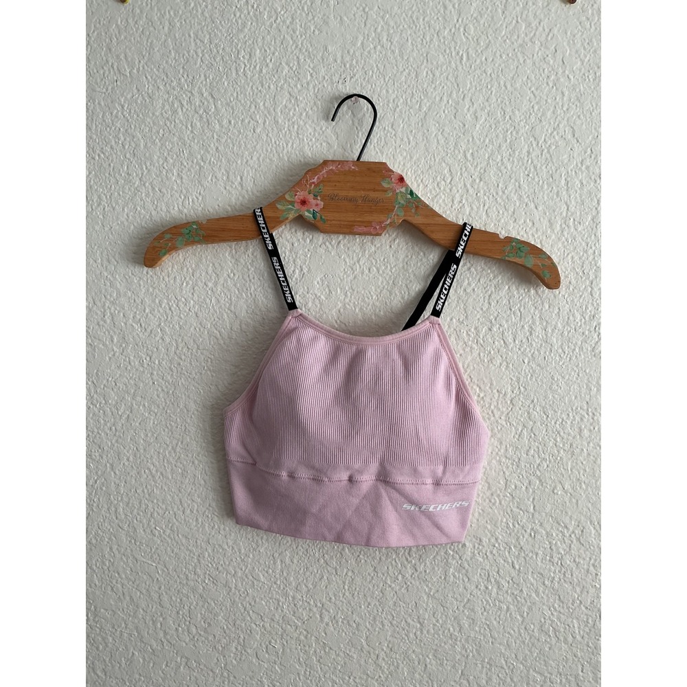 Skechers Sports Bra S Excellent Pink Ribbed Logo Strap High Neck Seamless